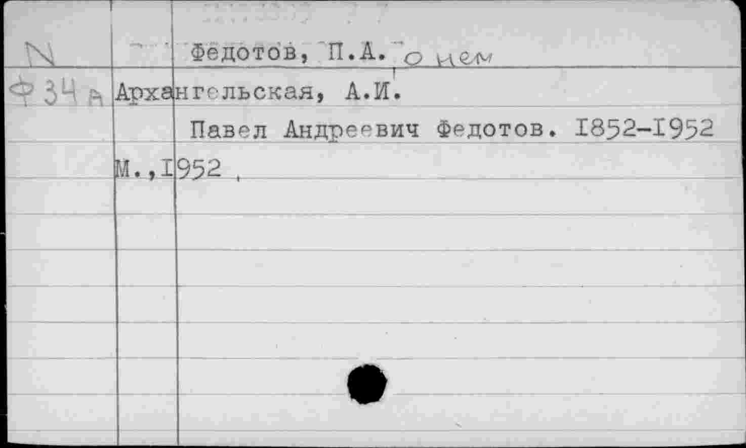 ﻿1 N	... ,	Федотов, П.А. ф
	Арха	—_	-	г нгельская, А.И.
		Павел Андреевич Федотов. 1852-1952
	М.,1	952 .
		
		
		
		
		
		
		
						